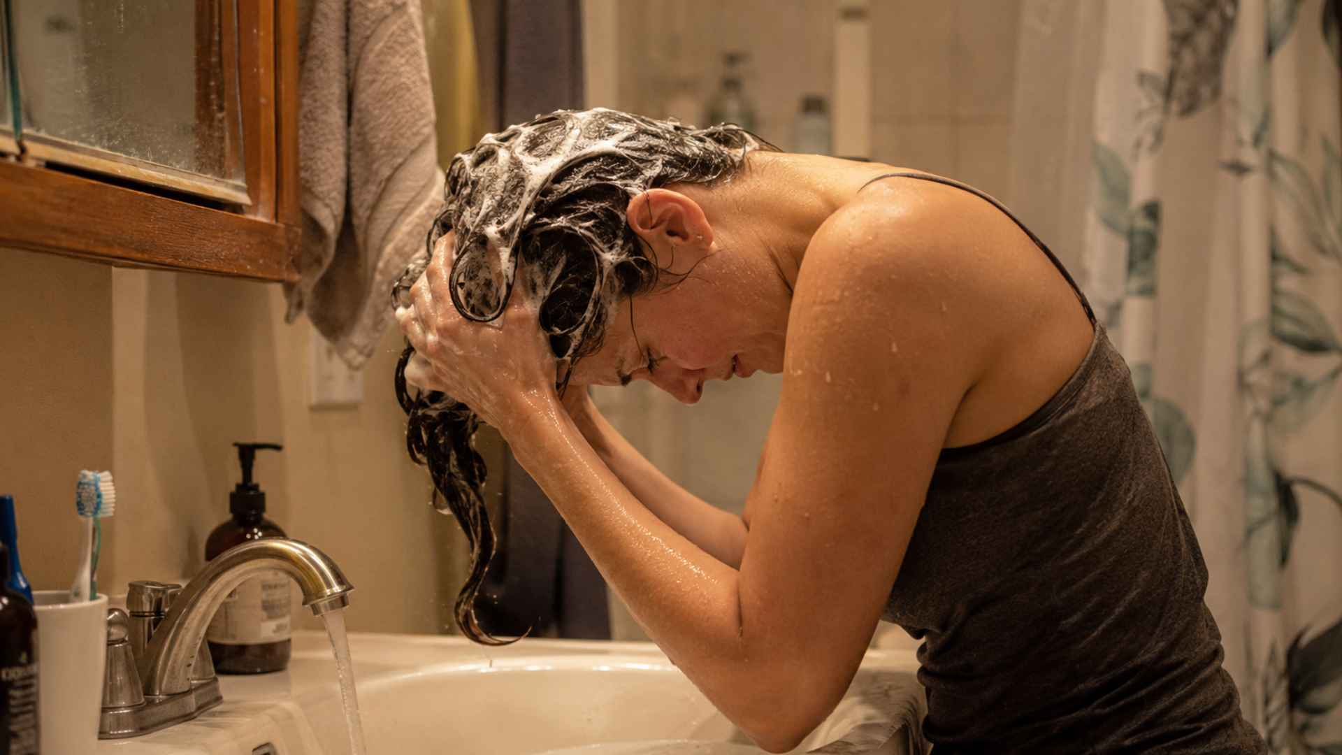 Person washing hair under running water in bathroom to show overwashing habits