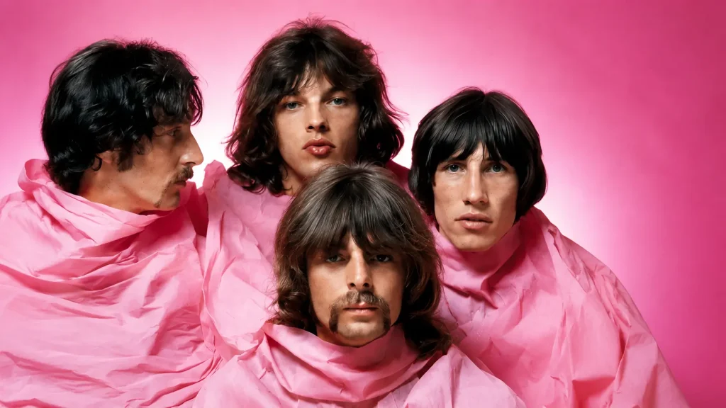 Studio portrait of Pink Floyd band members wrapped in pink fabric against a pink backdrop