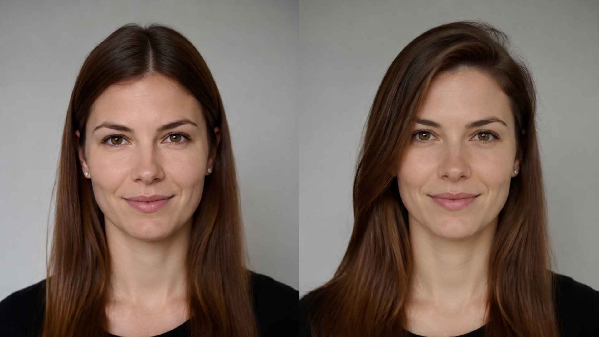 Two side-by-side portraits of a woman with brown hair, neutral expression, gray background