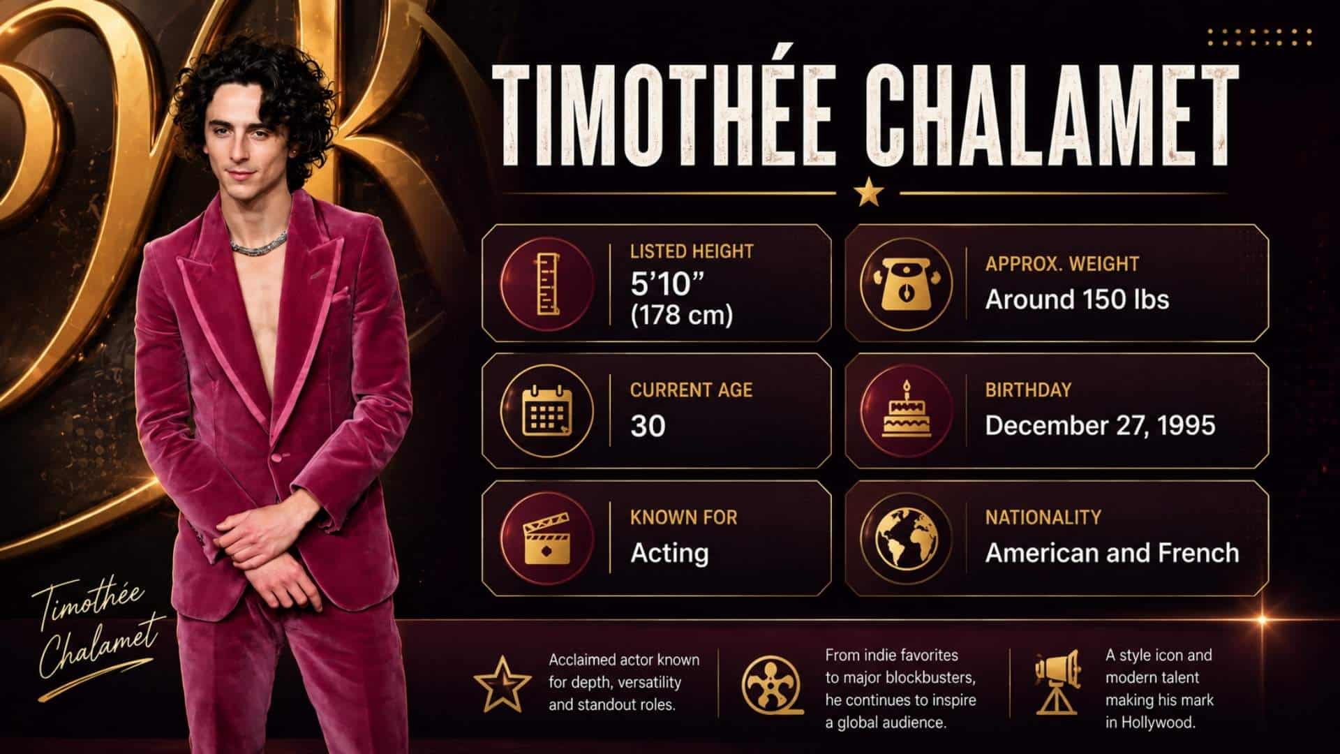 Timothée Chalamet infographic showing height, age, weight, birthday, and nationality details.