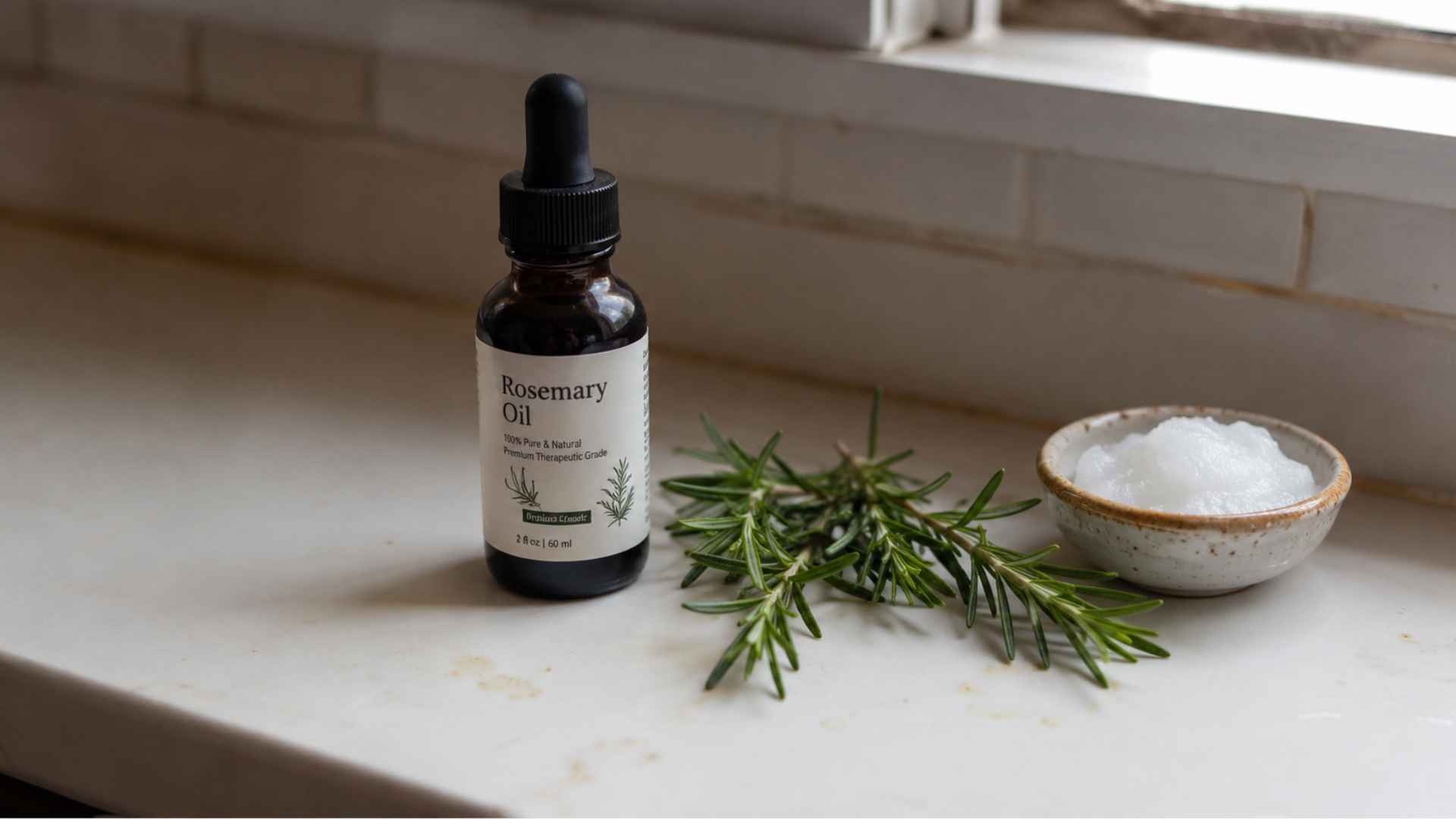 Rosemary oil dropper bottle with fresh rosemary sprig and coconut oil nearby