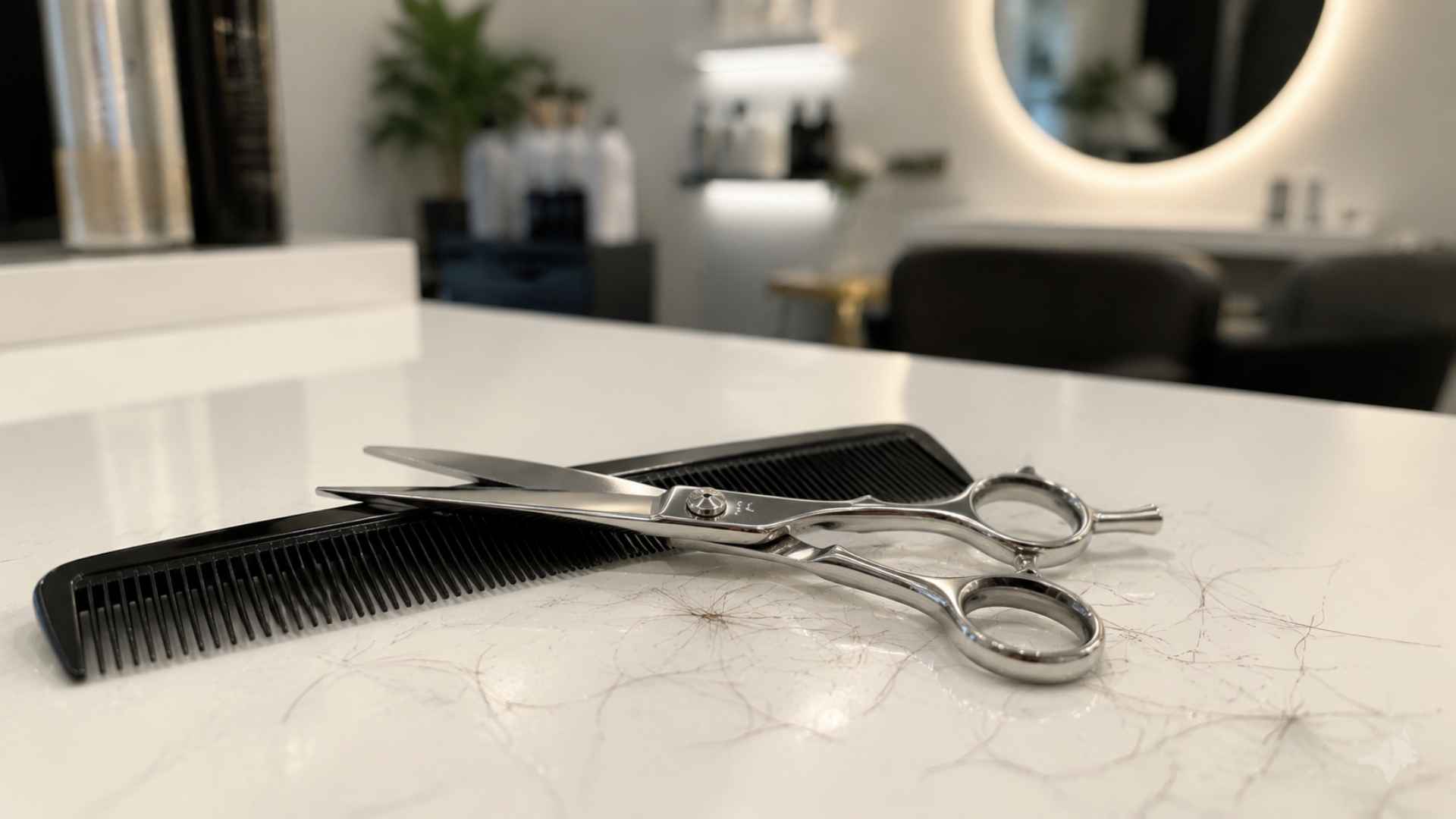 Hair scissors and black comb on counter with hair strands, blurred salon background