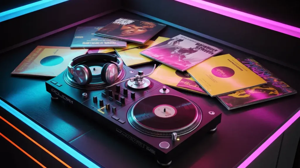 Turntable with vinyl records, headphones, and colorful neon lighting, creating a vibrant, modern music atmosphere.