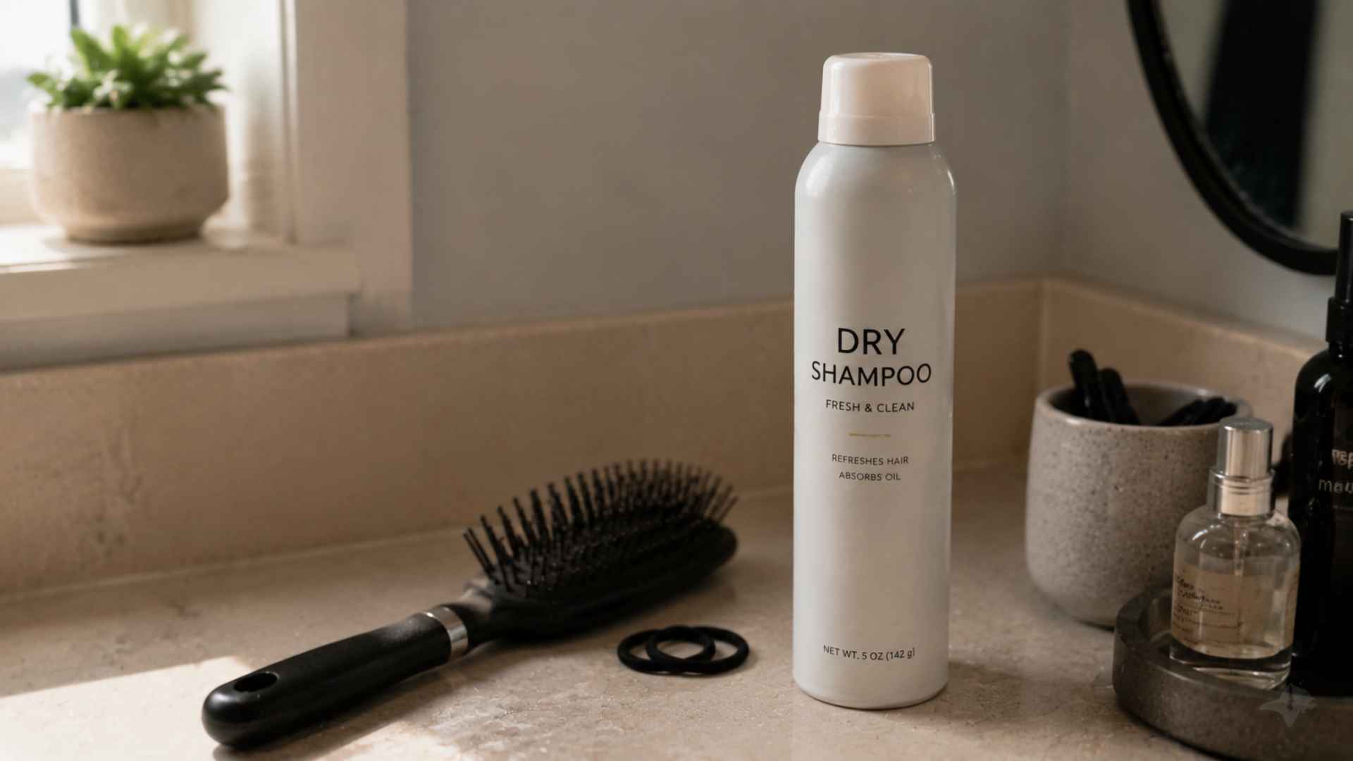 Dry shampoo can, hairbrush, and hair ties on bathroom counter with plants and mirror nearby