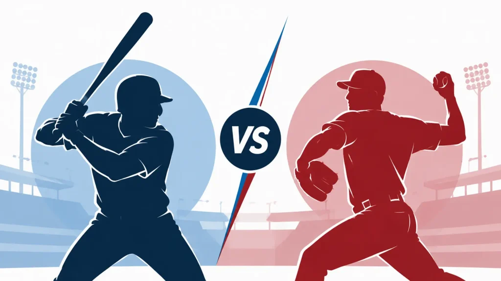 Vector-style illustration of a batter and pitcher facing off in a stadium, separated by a central VS symbo