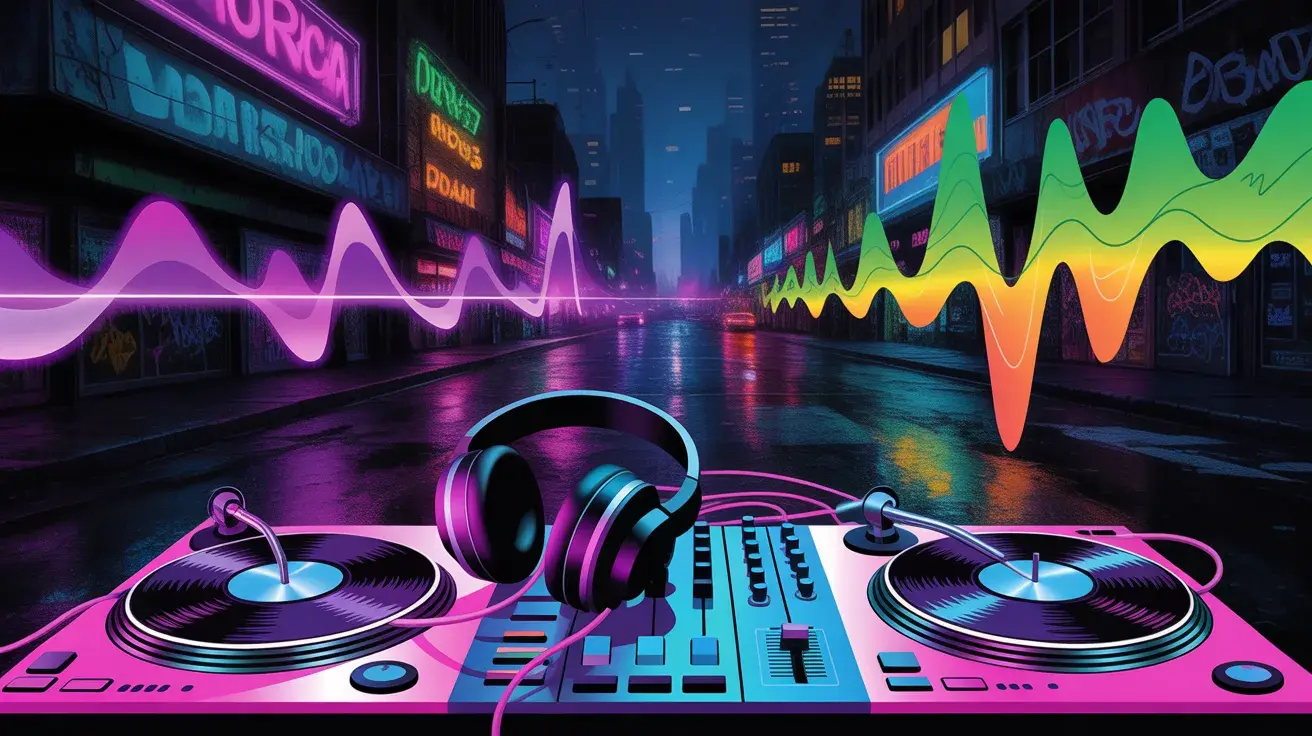 Vibrant digital artwork of turntables and headphones with colorful sound waves in a neon-lit urban setting, creating an energetic music vibe.