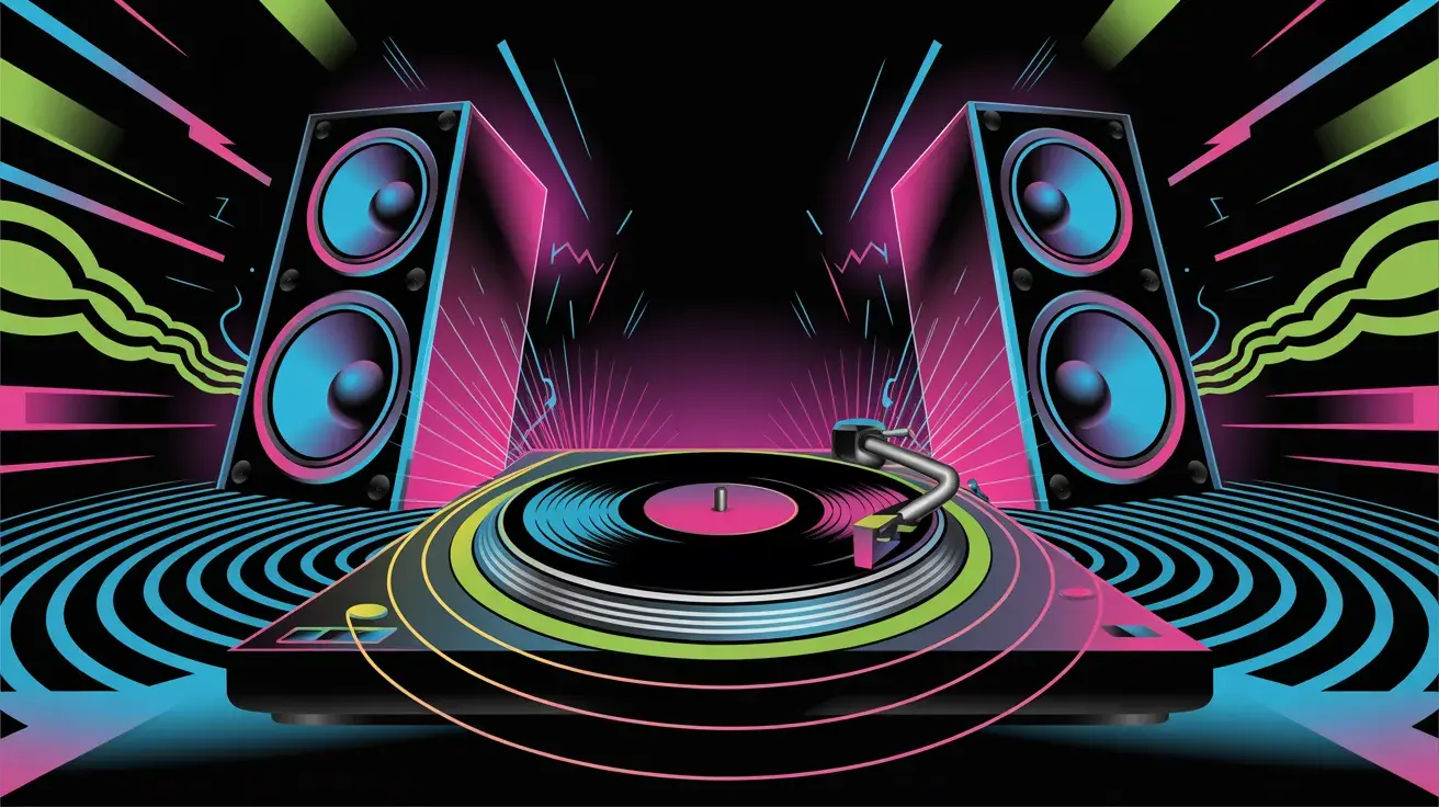 Vibrant digital illustration of turntables and colorful speakers with dynamic sound waves and neon lights, creating an energetic music vibe.