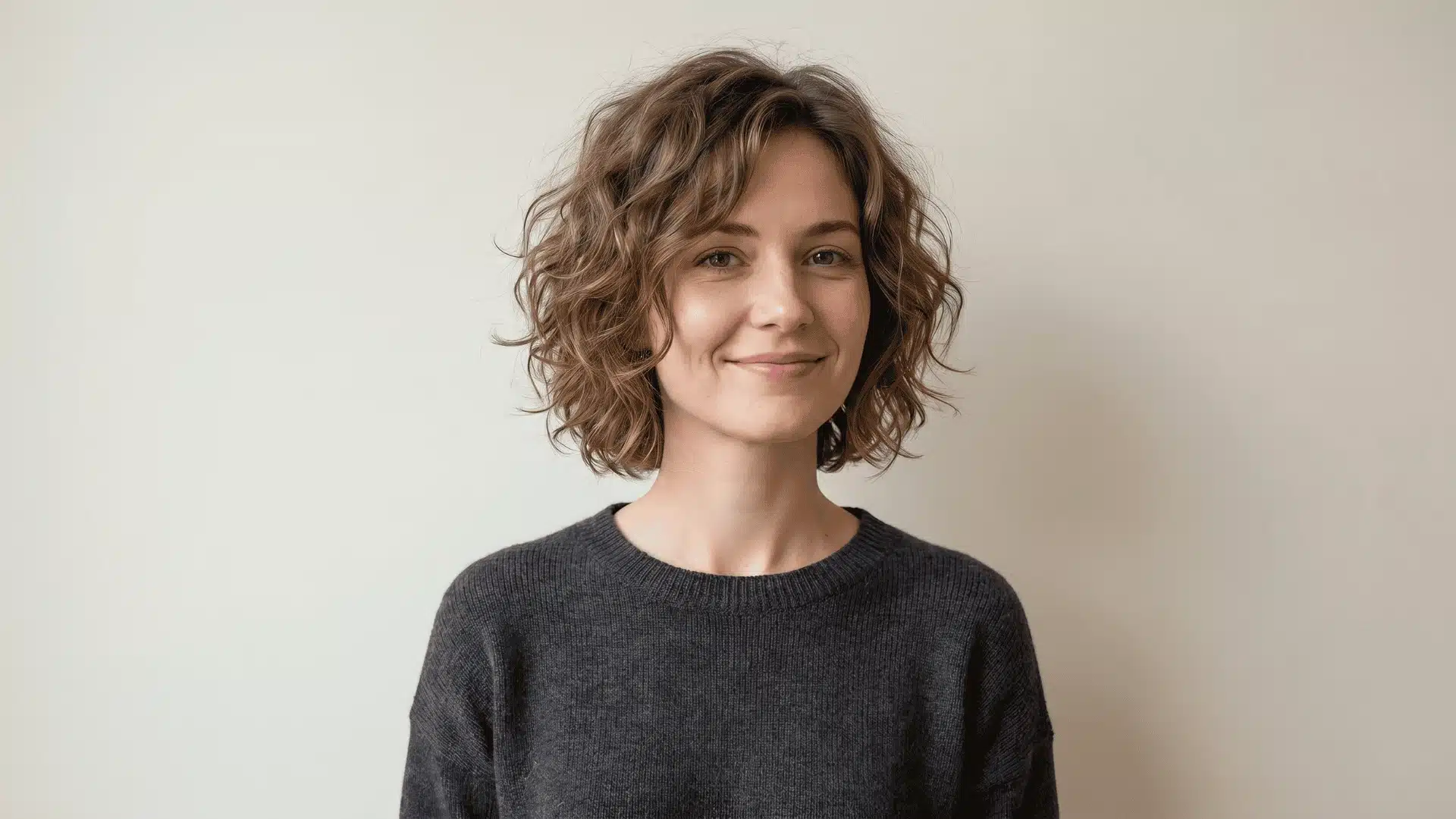Woman with fine hair wearing wavy bixie haircut with textured layers adding body and bounce