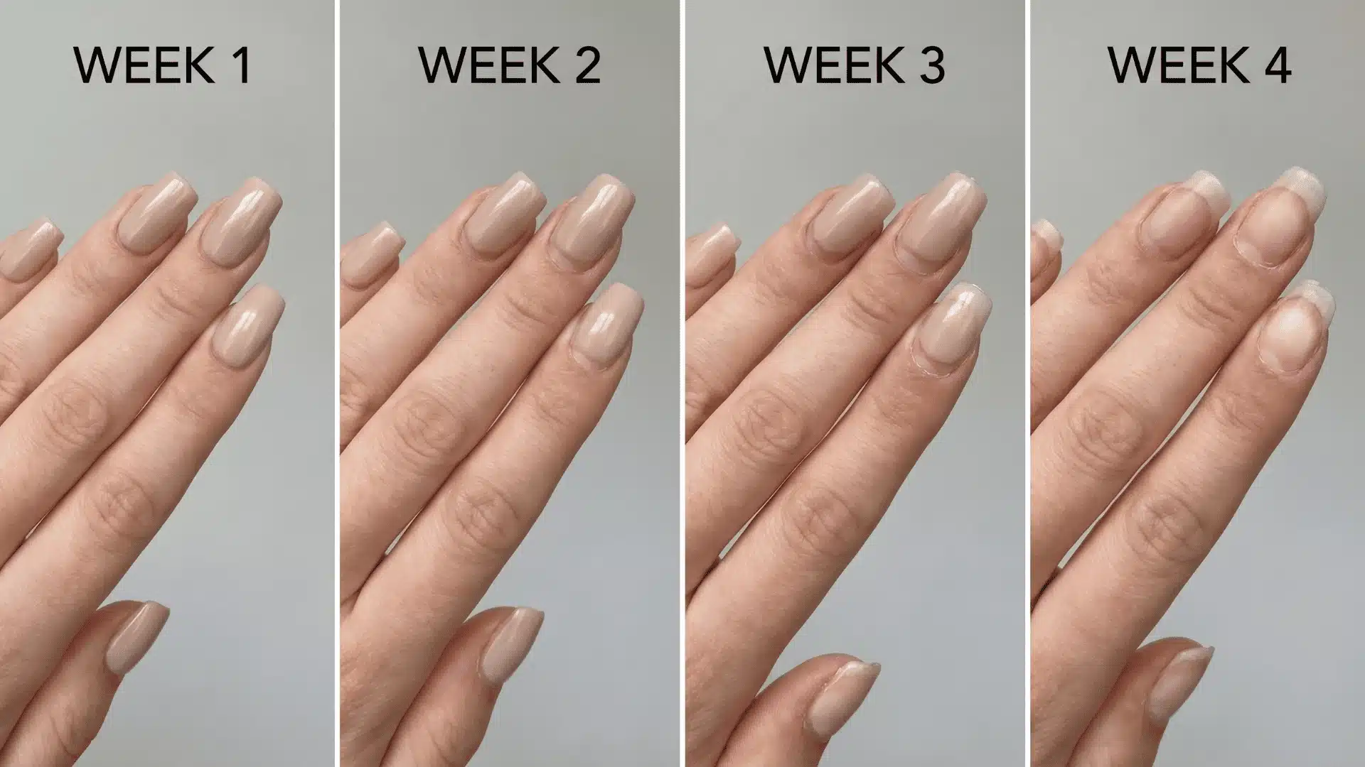 Four sets of acrylic nails showing weekly changes from fresh application to week four growth and lifting.