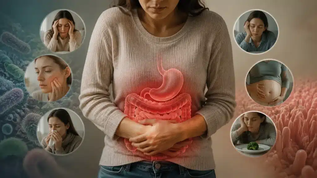 Woman clutching her abdomen with a digestive system overlay surrounded by symptoms like bloating, fatigue, and skin issues