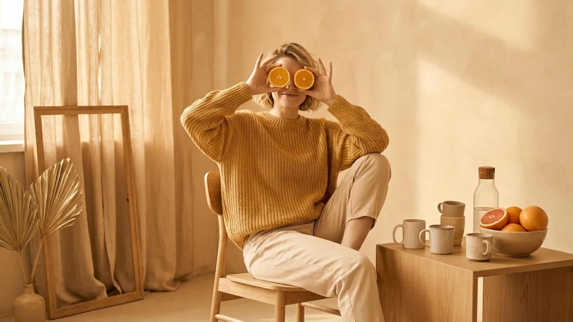 Woman holding orange slices over eyes in playful monochrome lifestyle photography setup