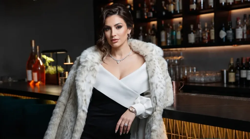 Woman in fur coat and jewelry leaning against a bar counter in a black and white dress outfit.