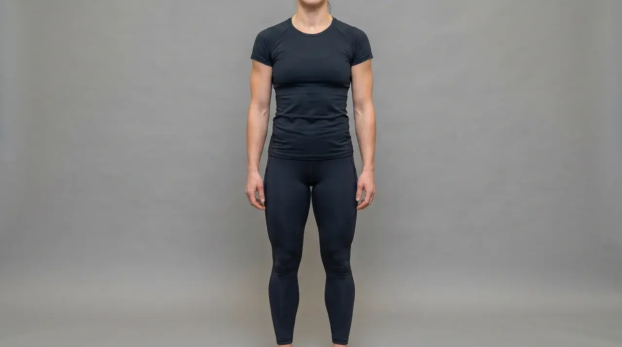 Woman standing with broad shoulders, defined midsection, strong legs, and upright posture