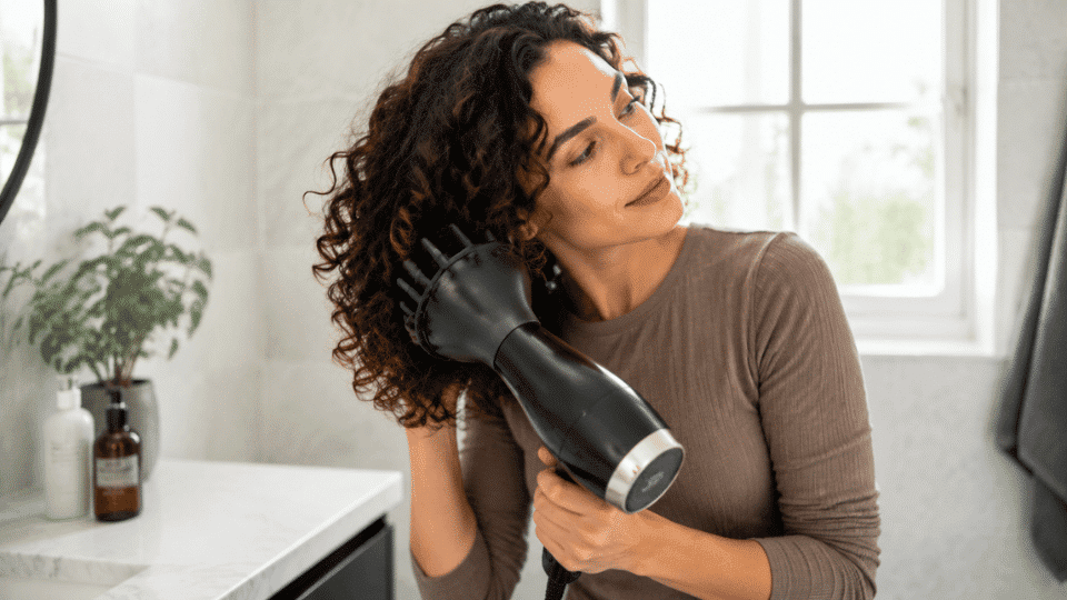Woman using a black hair diffuser on curly hair in a bright modern bathroom with natural light and minimal decor.