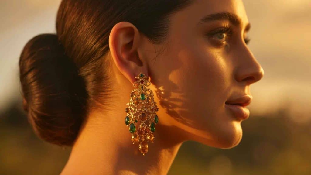 Woman wearing elegant chandelier earrings with gold and gemstone detailing