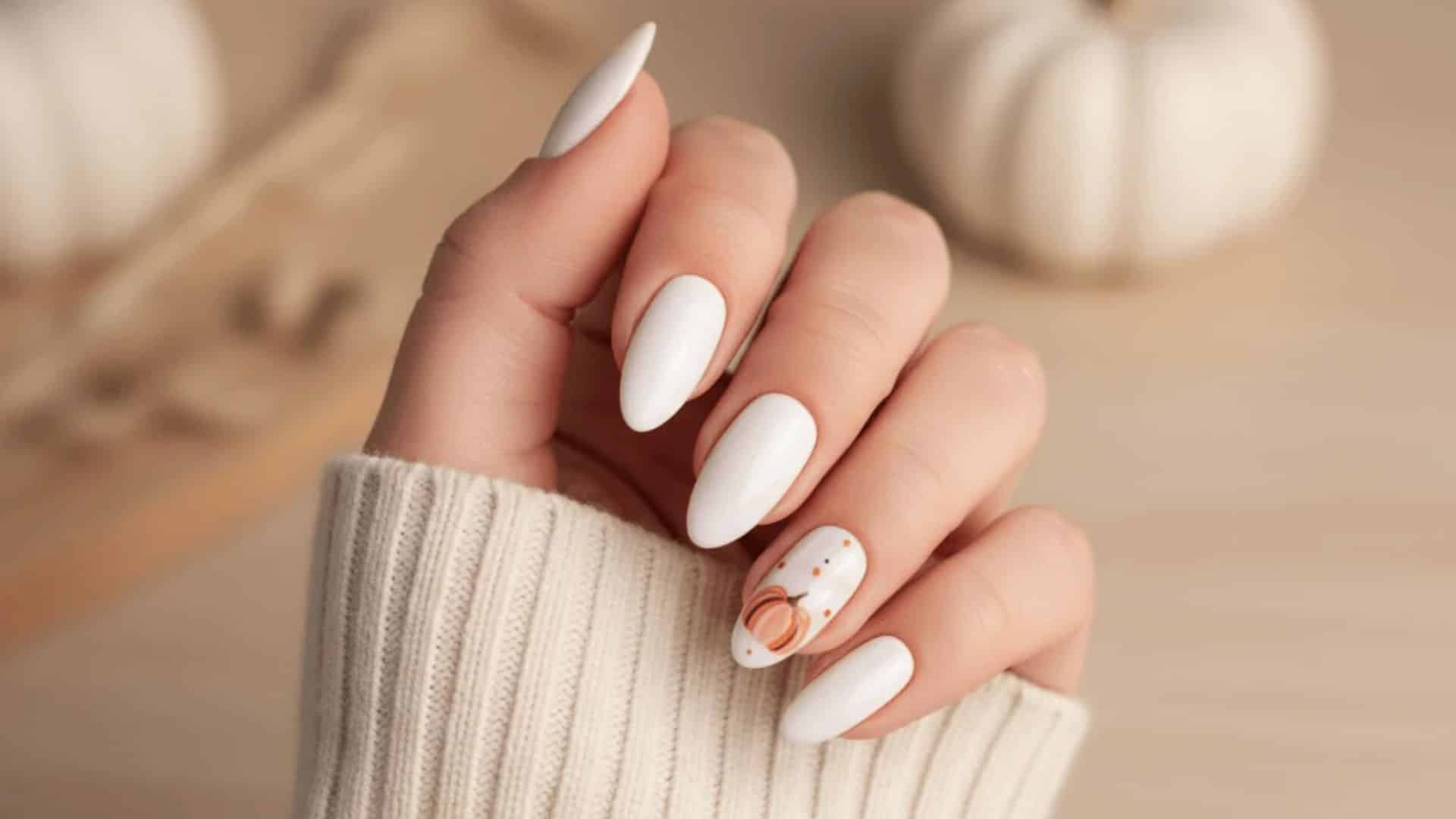 A hand with Stunning White Nails featuring a subtle pumpkin design on the accent nail, held gently in front of a cozy background