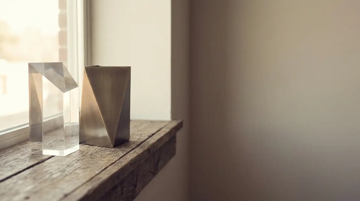 Geometric sculptures on rustic wooden shelf near window with natural light