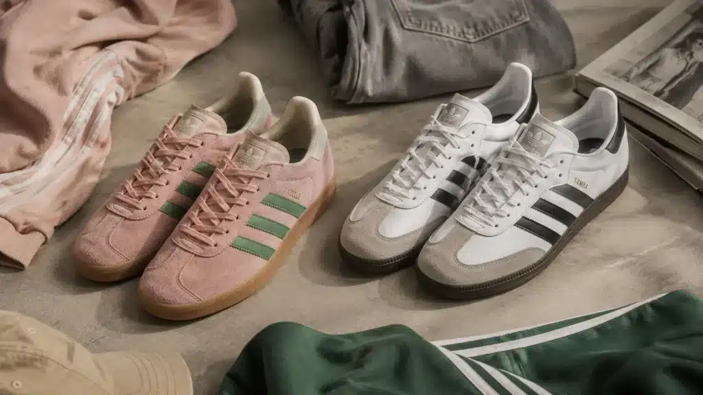 Adidas Gazelle and Samba sneakers compared side by side in a stylish editorial scene