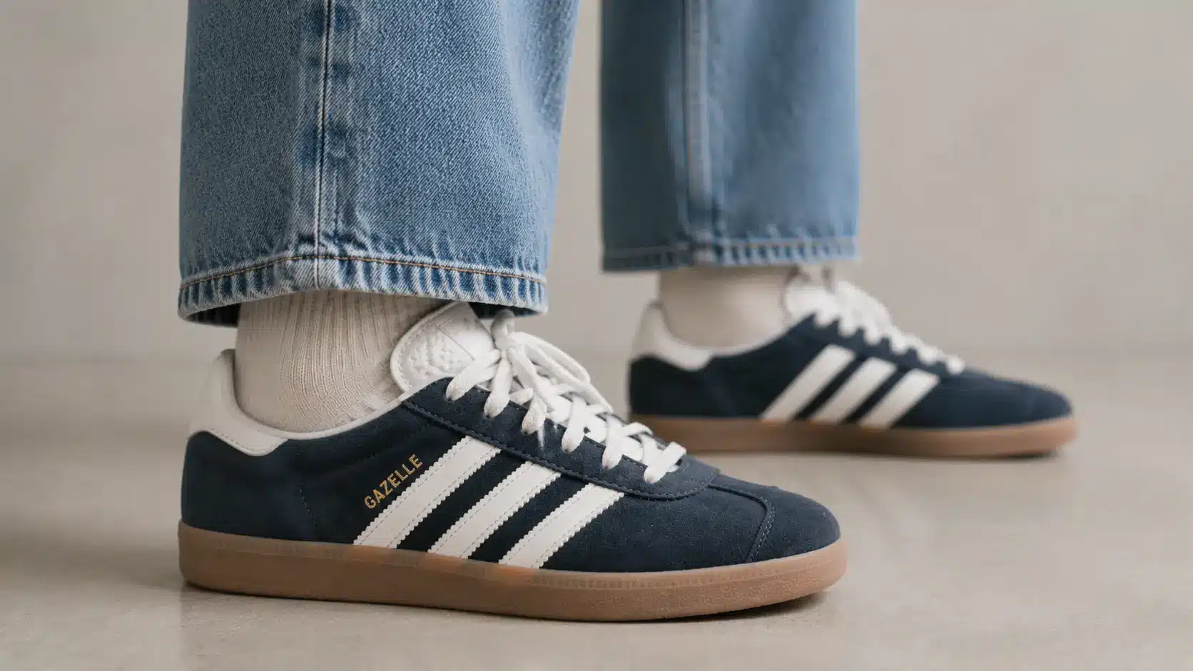 Adidas Gazelle showing its roomy fit and soft suede comfort