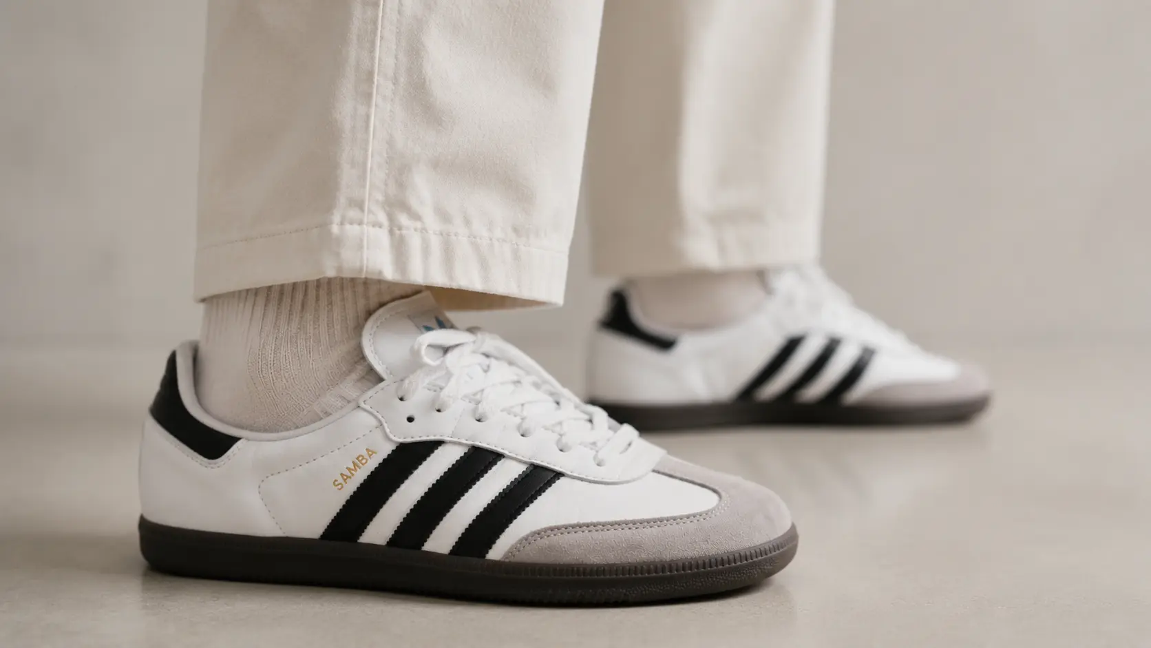 Adidas Samba showing its slim fit and narrow toe box on foot
