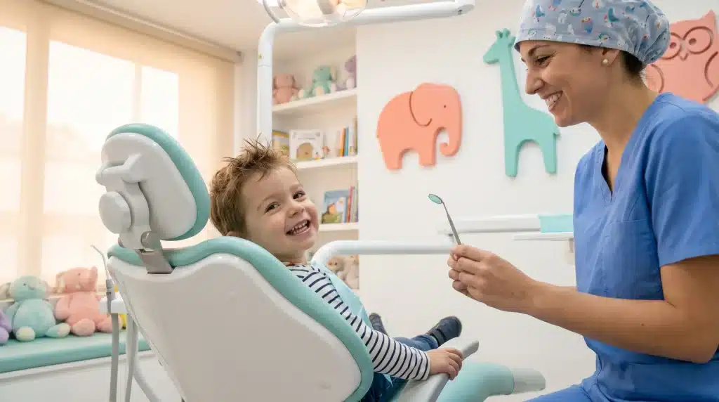 Child smiling in dental chair while dentist in blue scrubs holds tool in colorful office