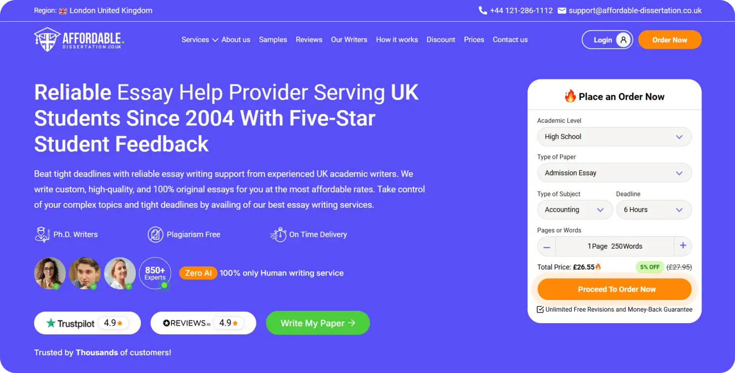 Website design with order form and features for essay writing services on blue background