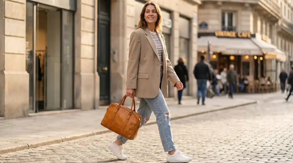 Woman in beige blazer and jeans walking on cobblestone street with leather handbag