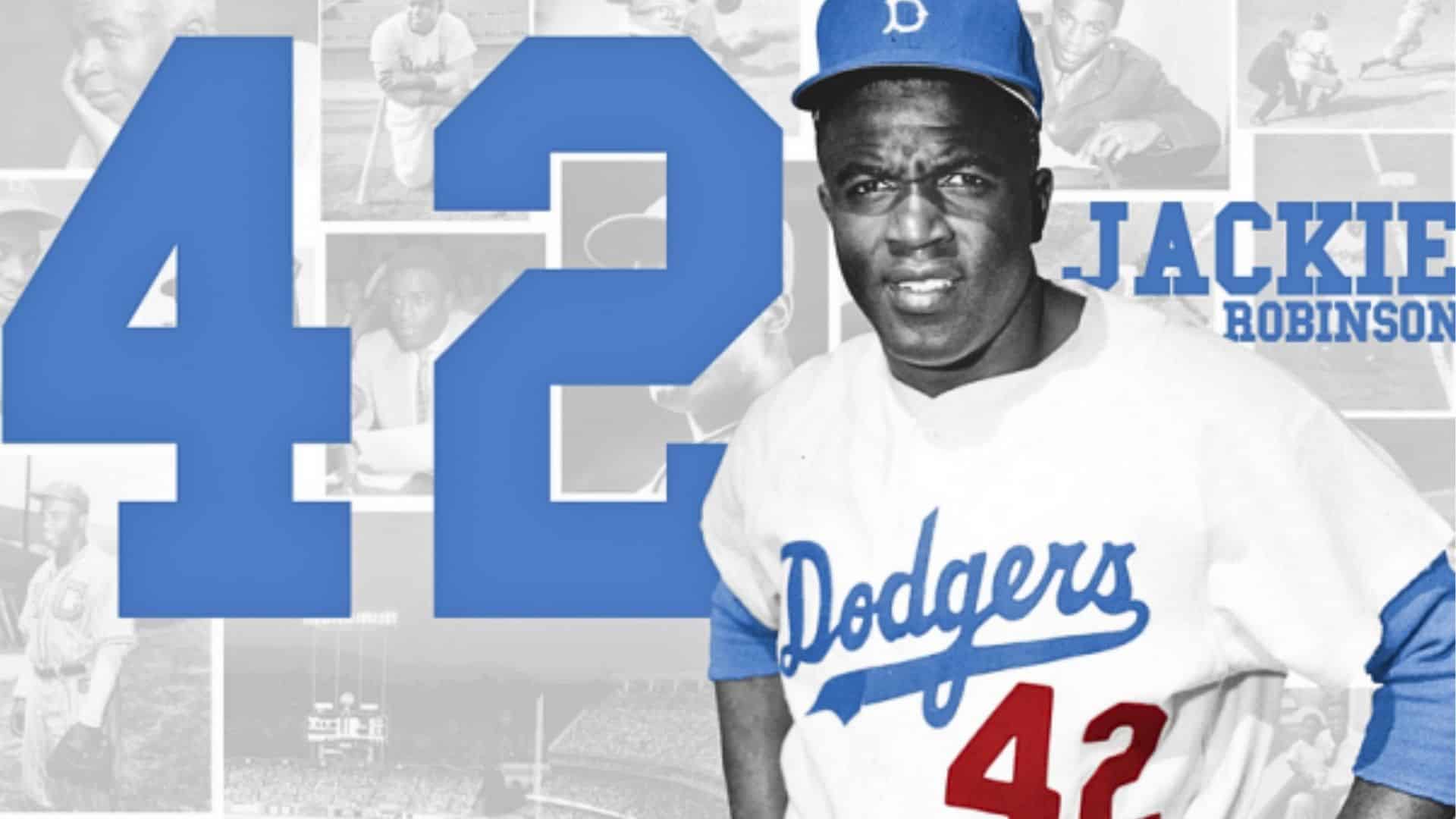 Baseball player in a Dodgers uniform with number 42 against a commemorative collage background