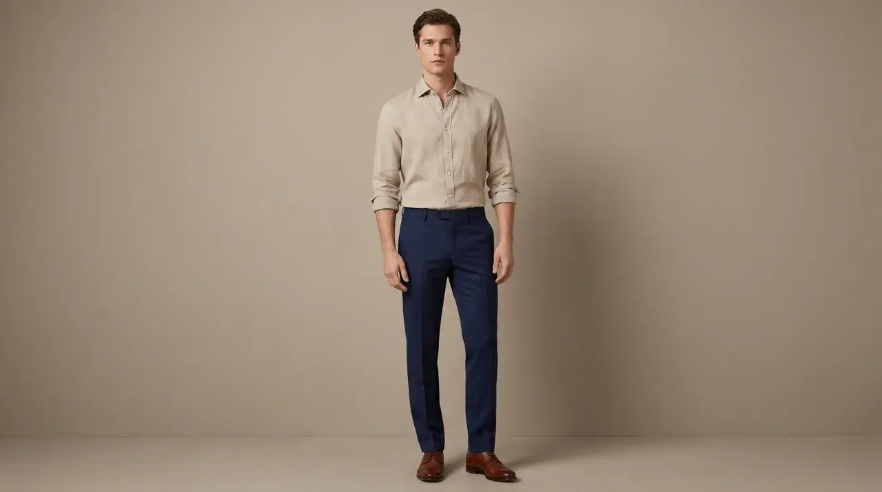 Full-body male model in beige shirt and navy blue tailored pants against solid background