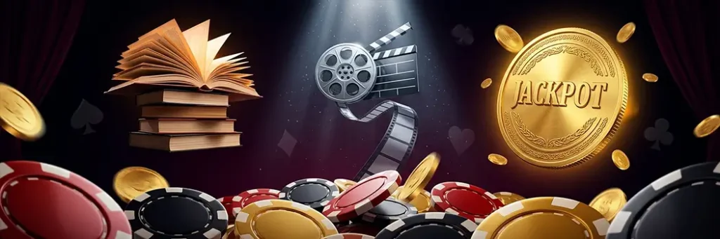 Film reel and open book hovering above poker chips and gold coins against dark background