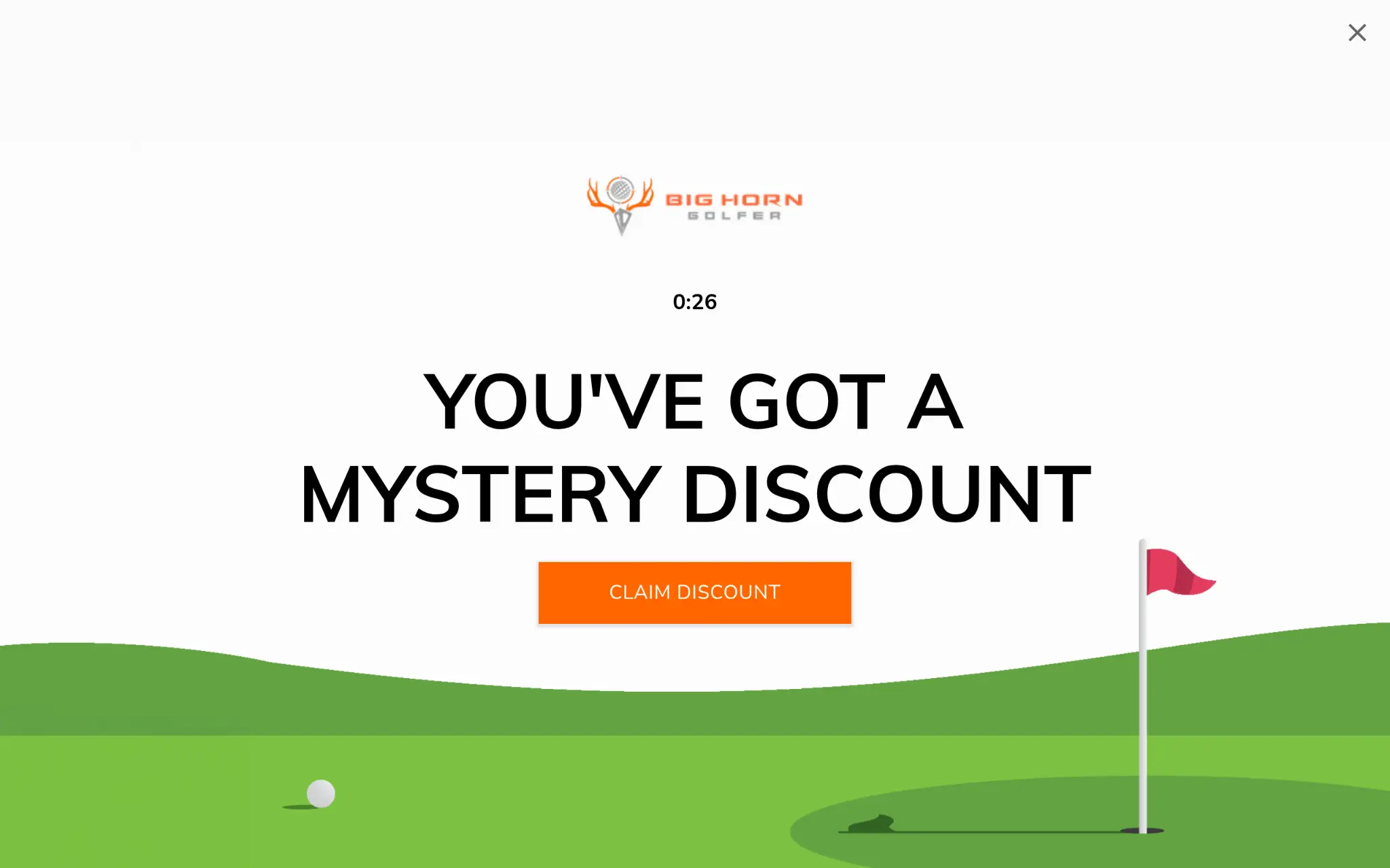White promotional banner with text and orange button over green golf course illustration
