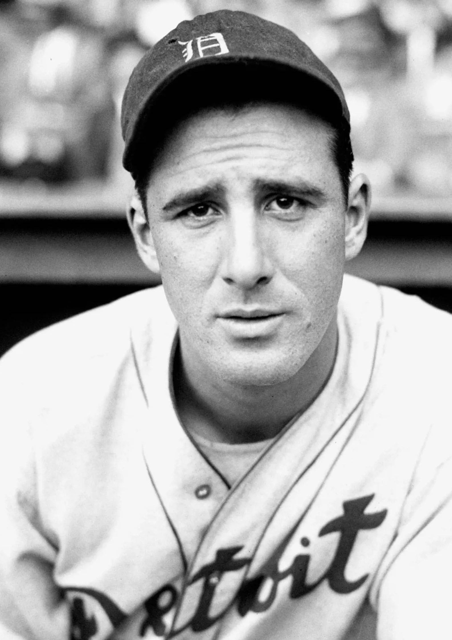 Black and white photograph of Hank Greenberg in his Detroit Tigers uniform, Jewish American baseball Hall of Famer and two-time AL MVP (1)