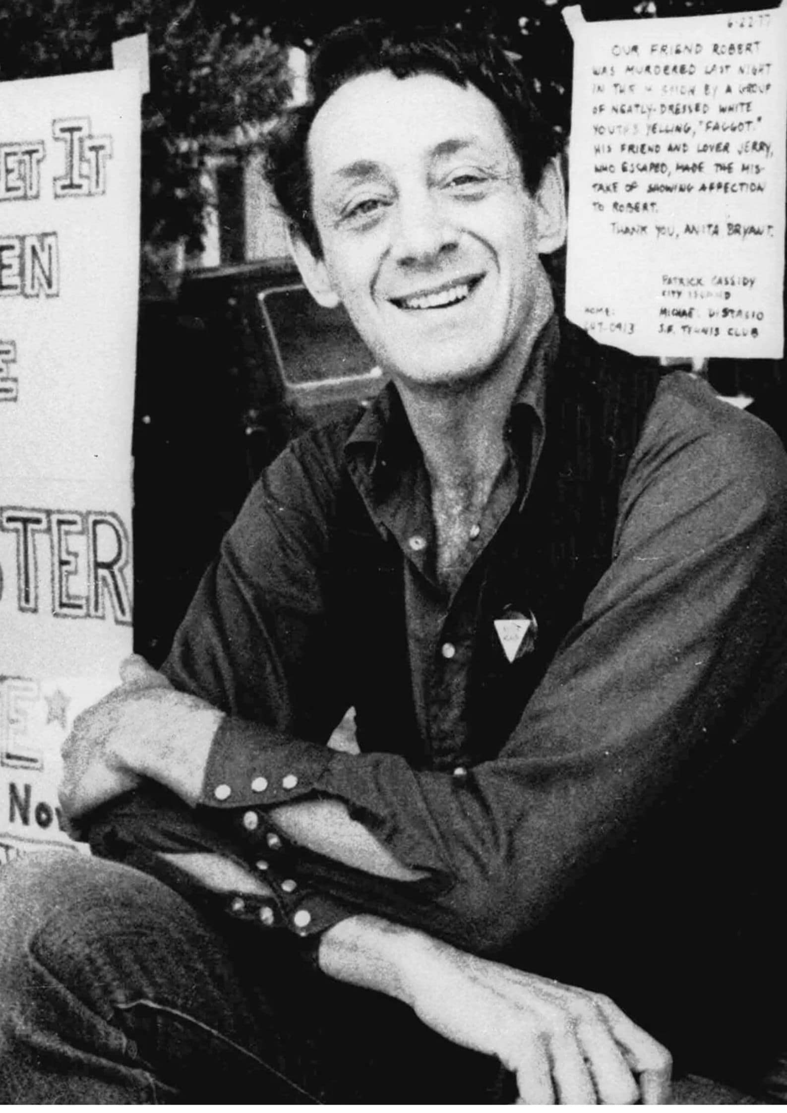 Black and white photograph of Harvey Milk at a voter registration drive, American Jewish LGBTQ rights activist and San Francisco politician (1)