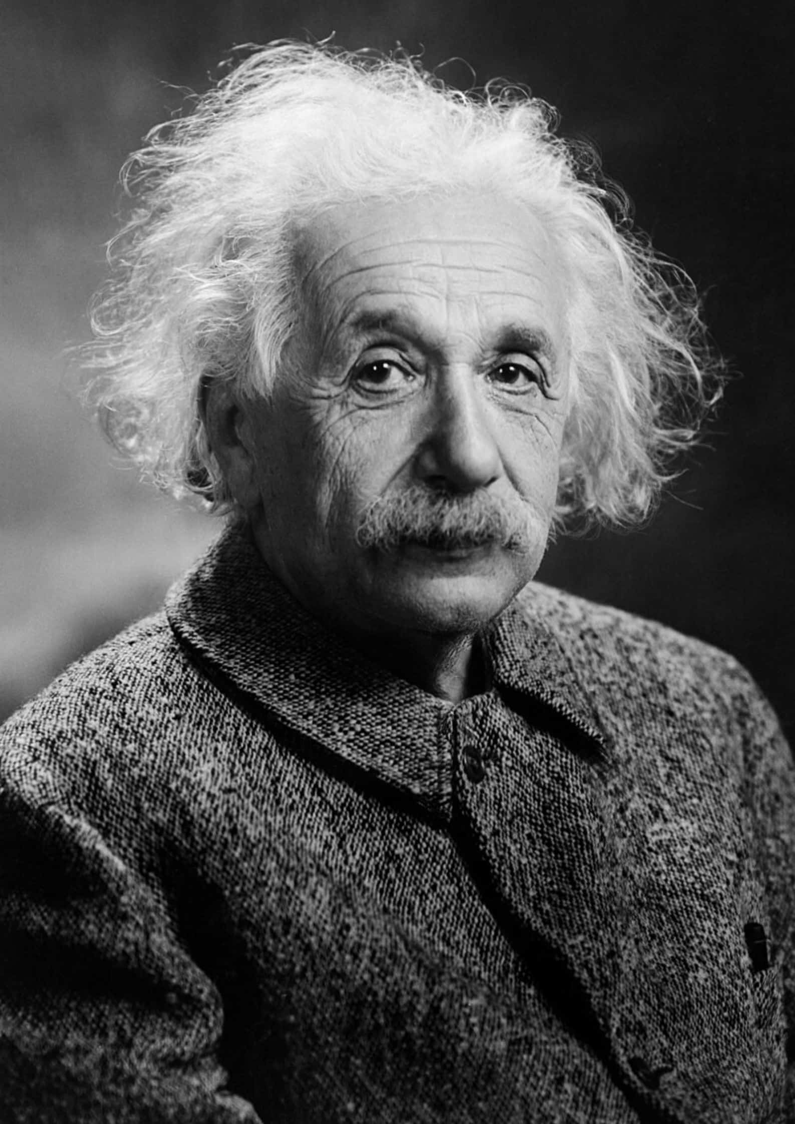 Black and white portrait of Albert Einstein with wild white hair, wearing a textured coat and looking at camera (1)