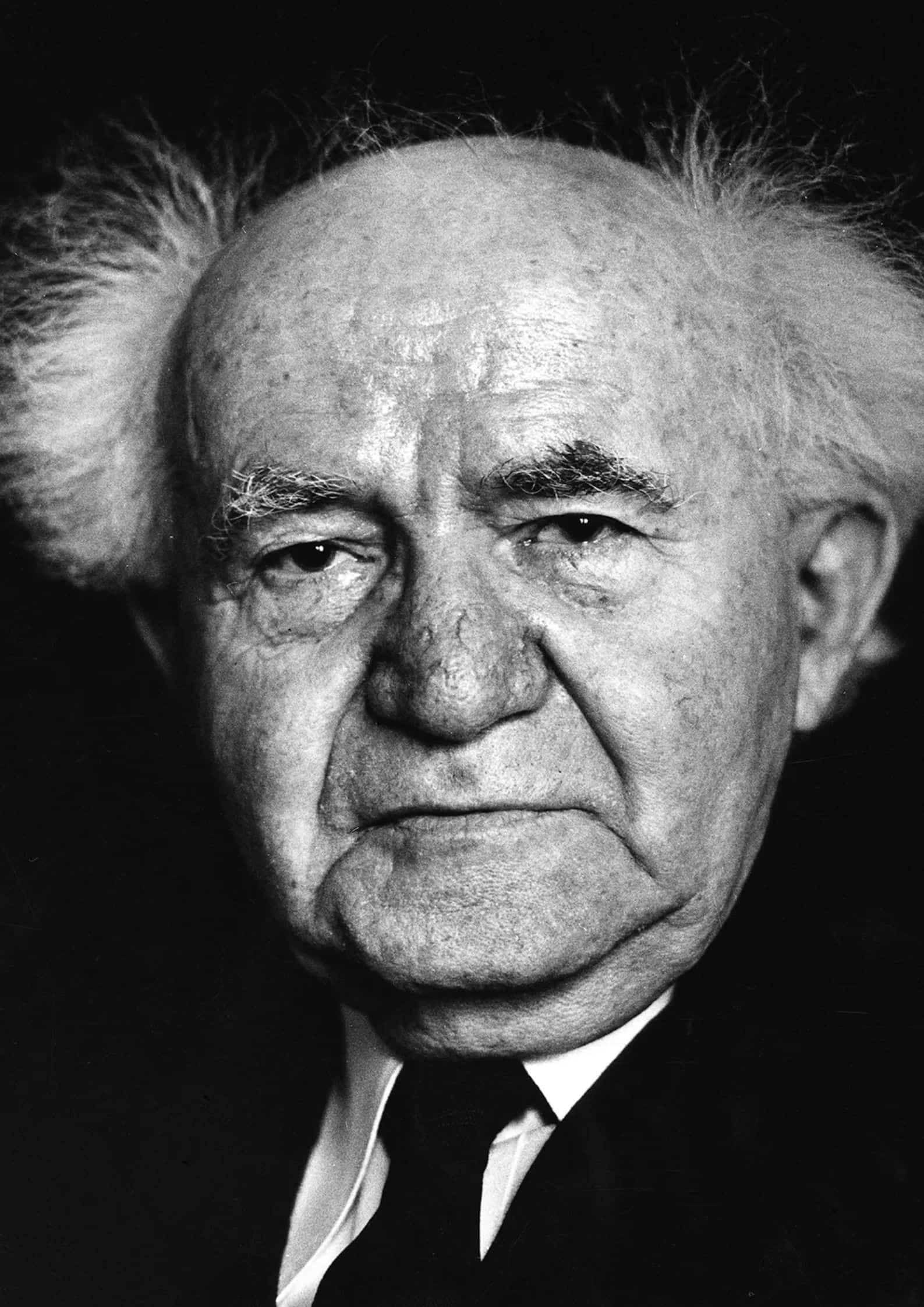 Black and white portrait photograph of David Ben-Gurion, Israel's first prime minister and a central figure in the founding of the modern Israeli state (1)