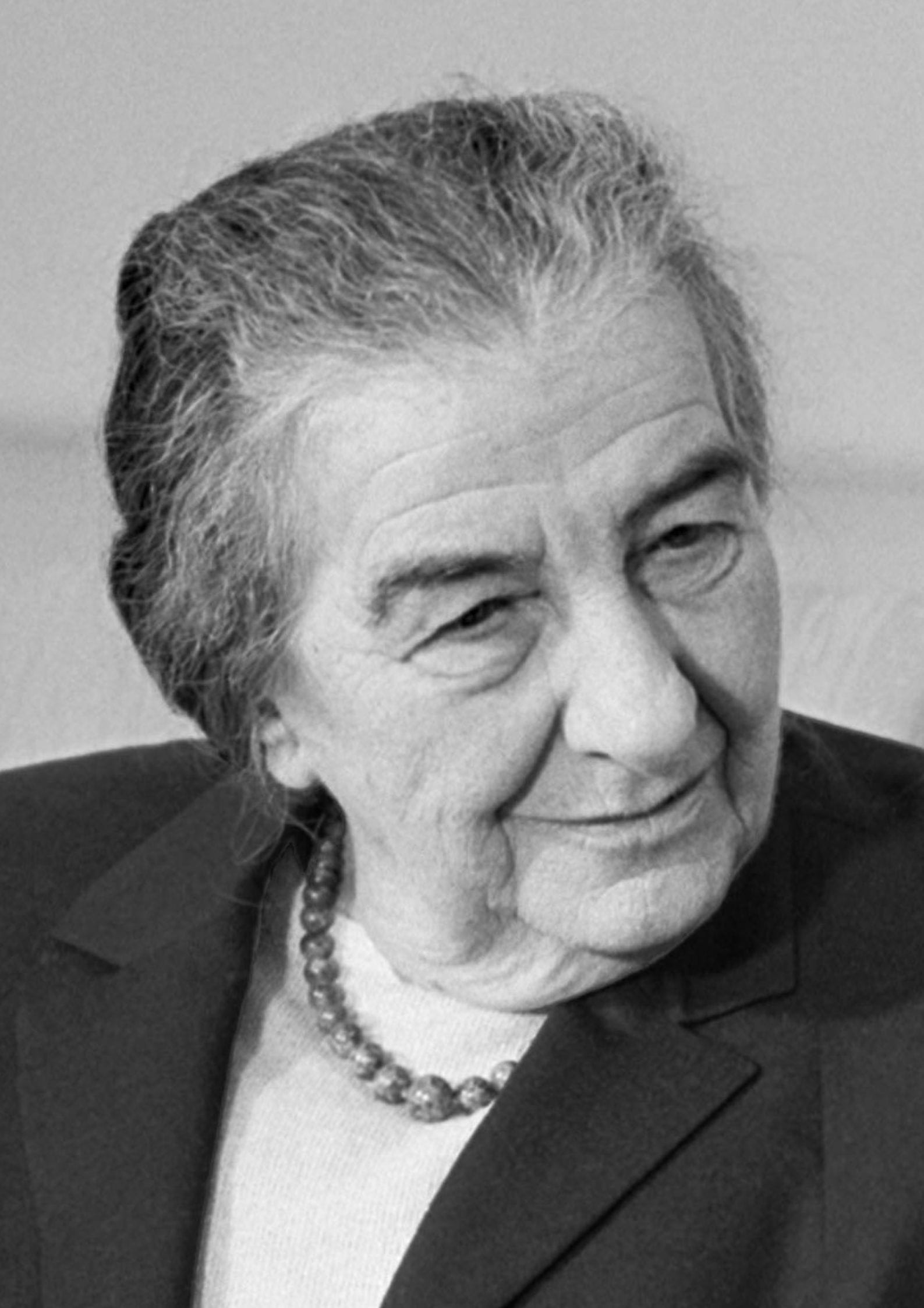 Black and white portrait photograph of Golda Meir, Israeli prime minister and one of the twentieth century's most recognized female political leaders (1)