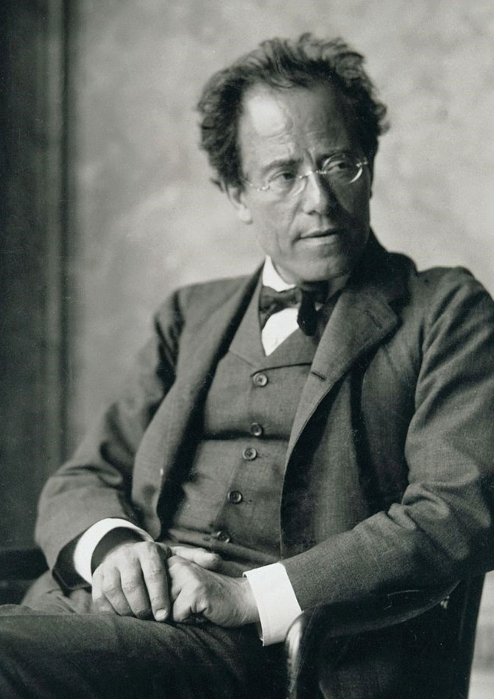 Black and white portrait photograph of Gustav Mahler, Austrian-Jewish composer and conductor known for his emotionally intense symphonies (1)