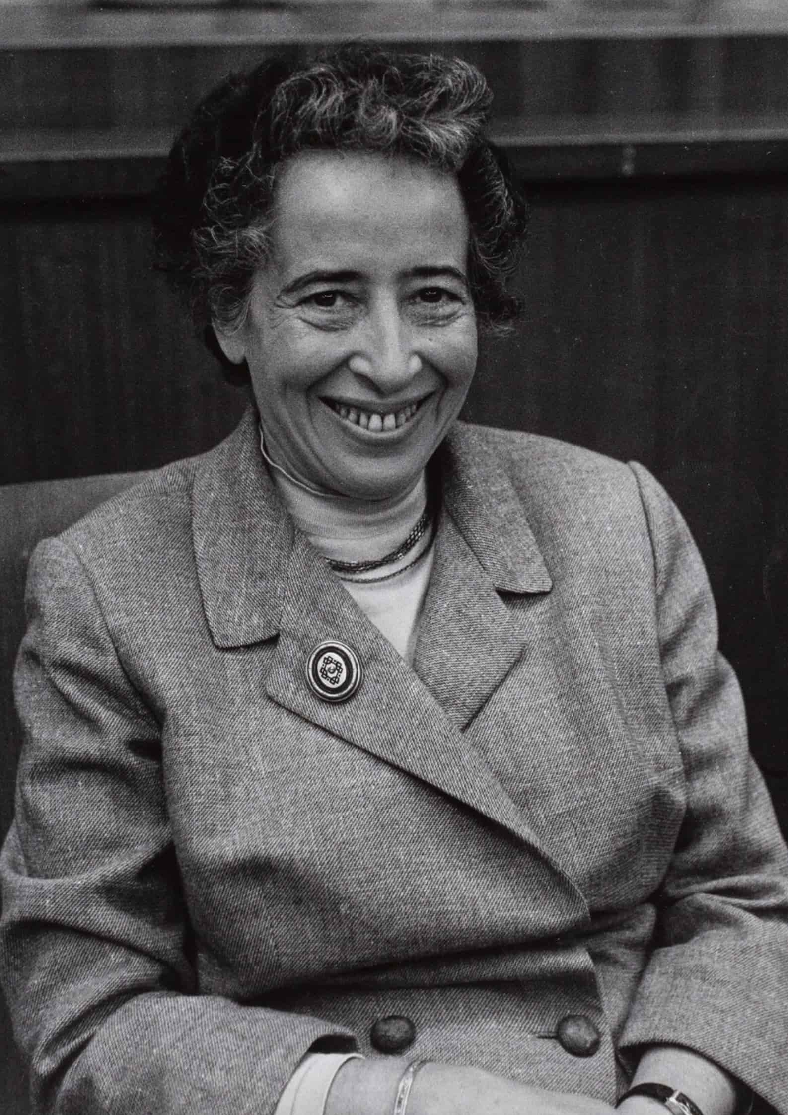 Black and white portrait photograph of Hannah Arendt, German-American political philosopher known for her writings on totalitarianism and democracy (1)