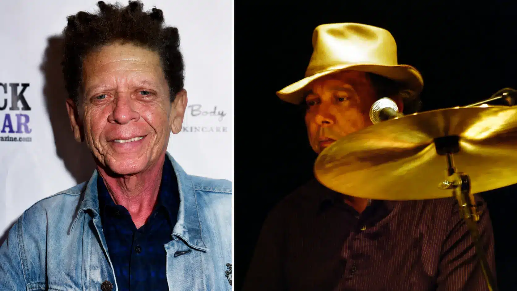 Collage of two men: one smiling in a denim jacket, the other playing drums with a cymbal, split into left and right panels.