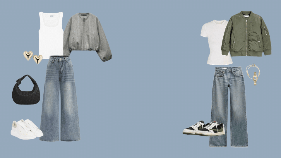 Bomber jacket, tank top, skinny jeans, and sneakers for structured night baseball game outfits.
