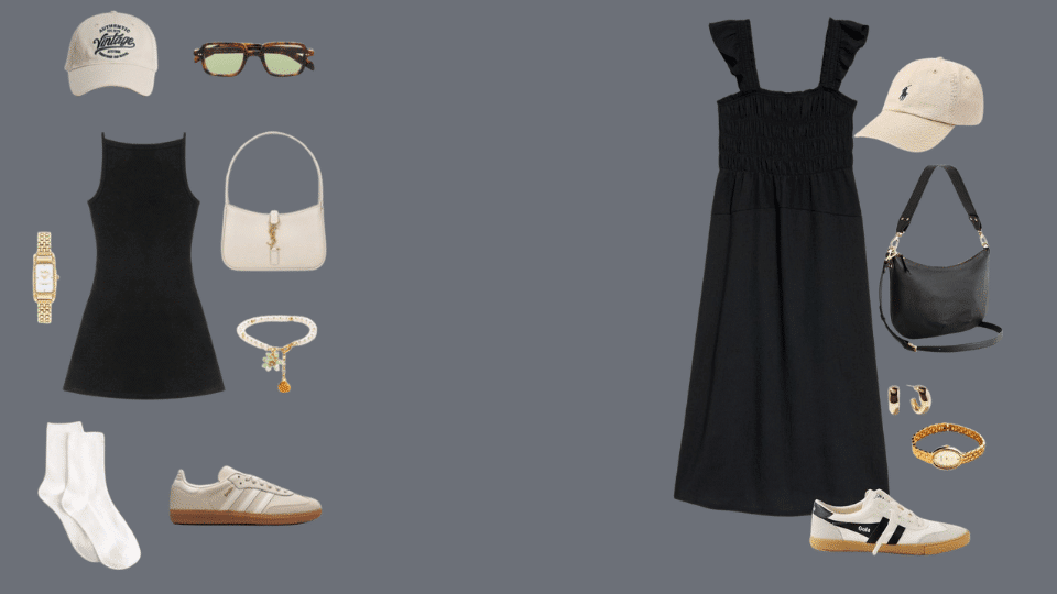 Breezy sundress, white sneakers, and cap for summer cute baseball game outfits.