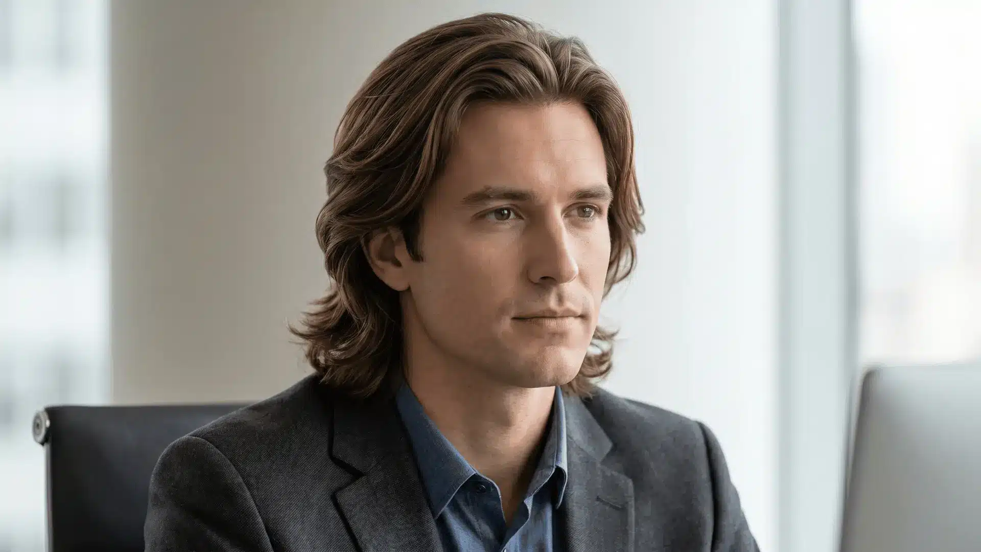 Handsome male model with professional Bro Flow hairstyle in an office, medium-long hair flowing back neatly with subtle waves.