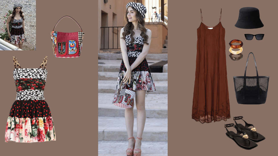 _Bucket Hat + Patterned Dress + Heels