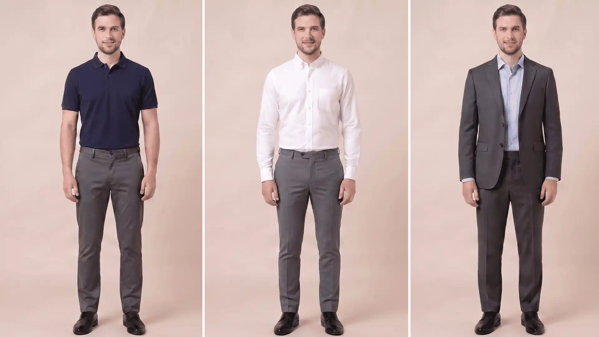 Collage showing a man in three outfits: navy polo with grey pants, white shirt with grey pants, and grey suit with light blue shirt.
