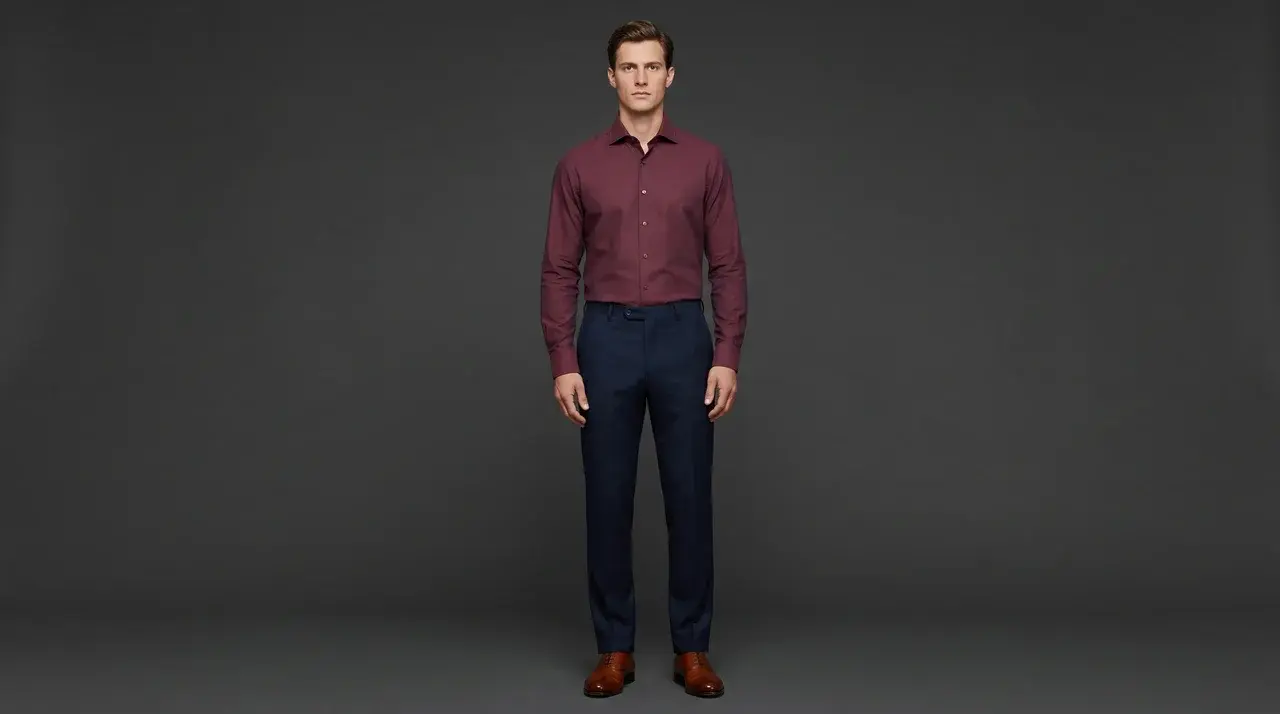 Full-length male model in burgundy shirt navy blue pants and cognac shoes on solid background