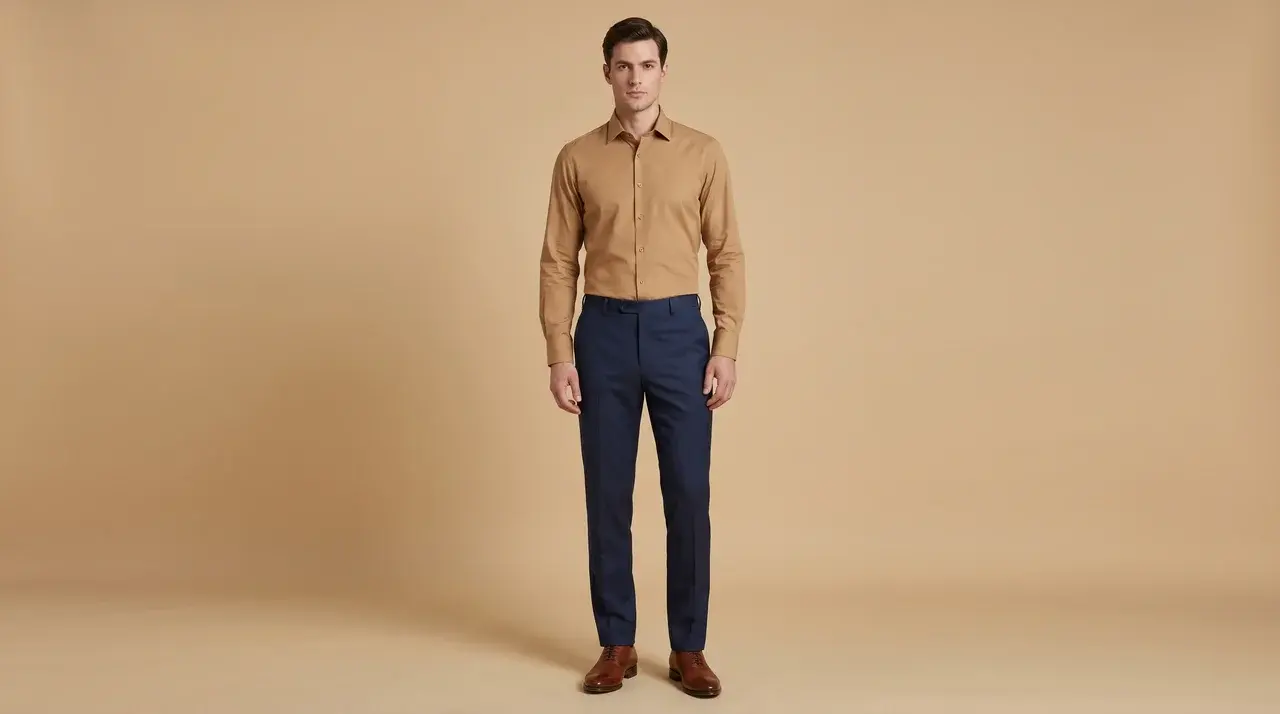 Full-body male model in camel shirt and navy blue tailored pants on solid neutral background