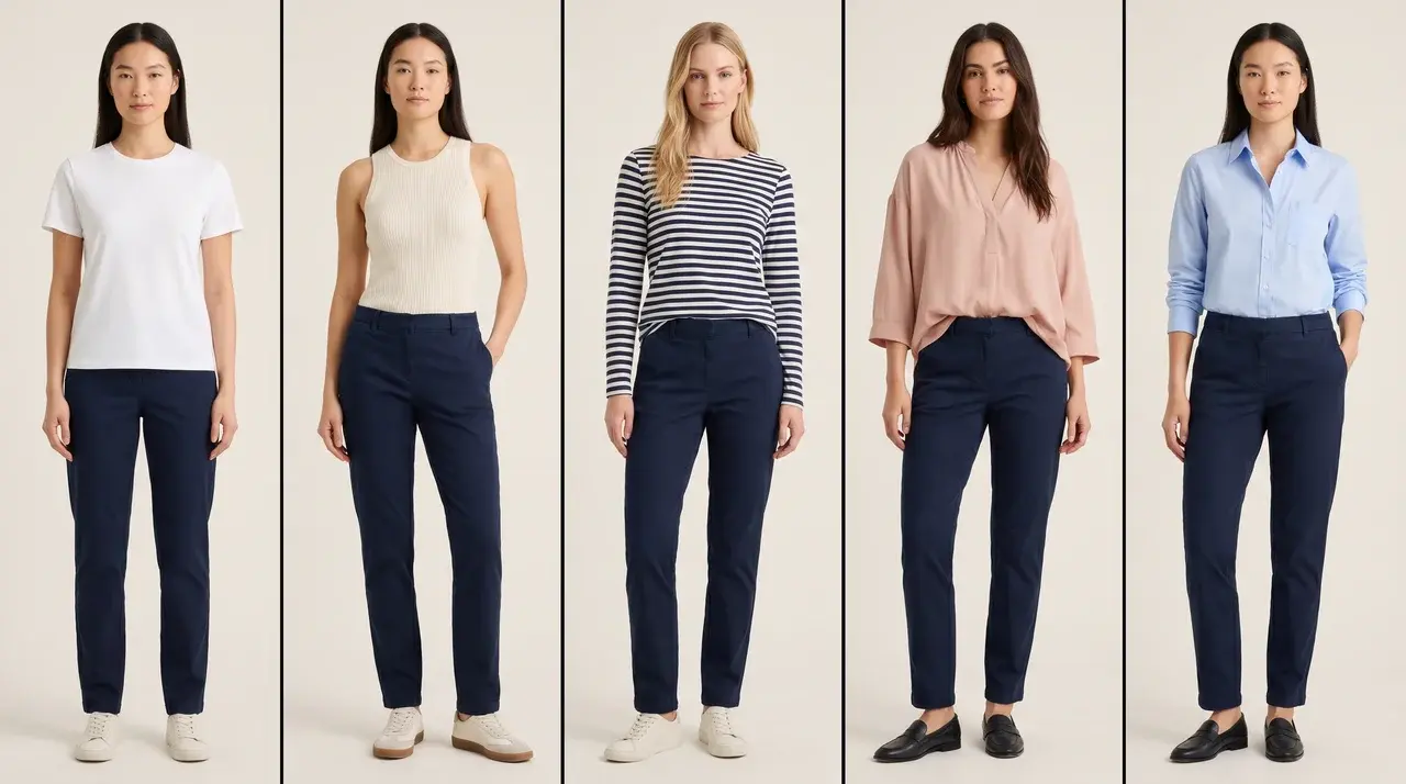Collage of five female models in navy pants paired with casual tops, separated by thin black lines, full head-to-toe visibility