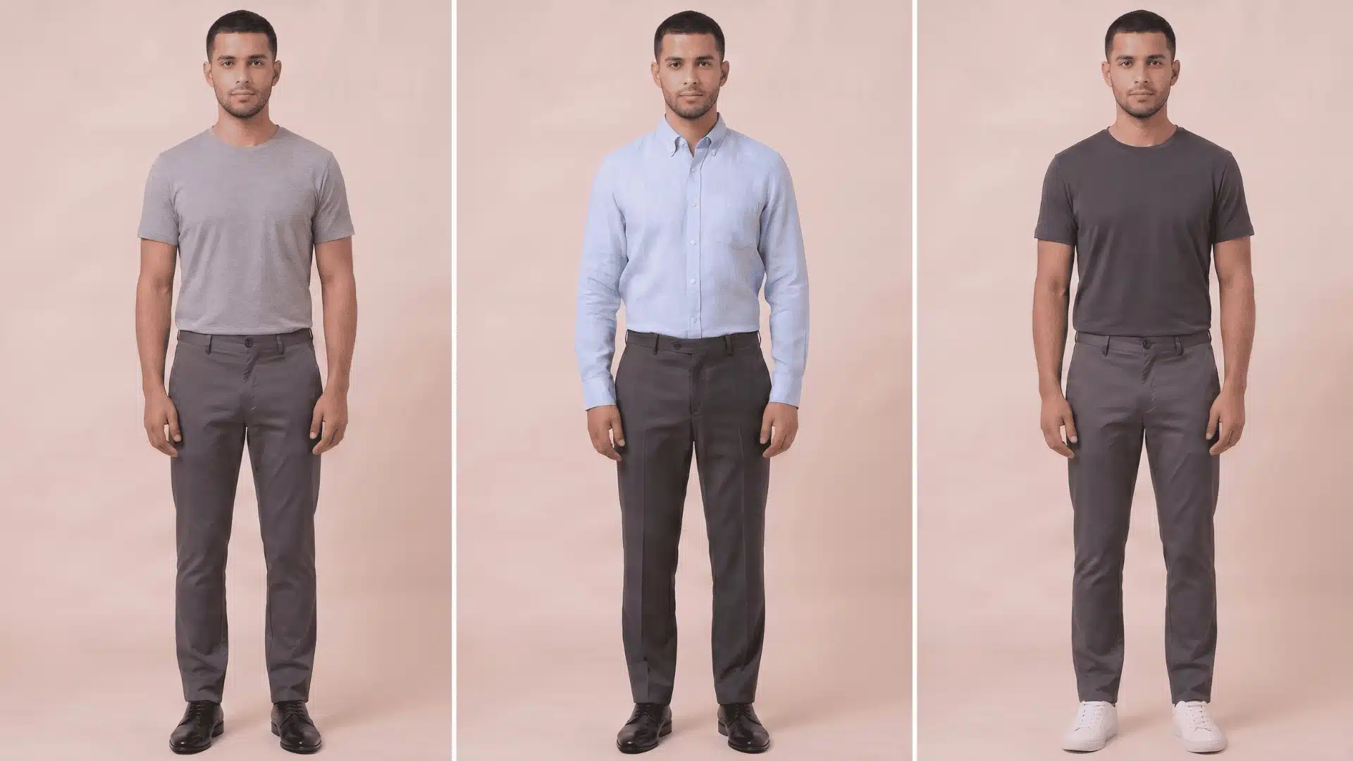 Collage showing a man wearing a grey T-shirt with grey pants, a light blue linen shirt with grey pants, and a dark grey T-shirt with grey pants and white sneakers.