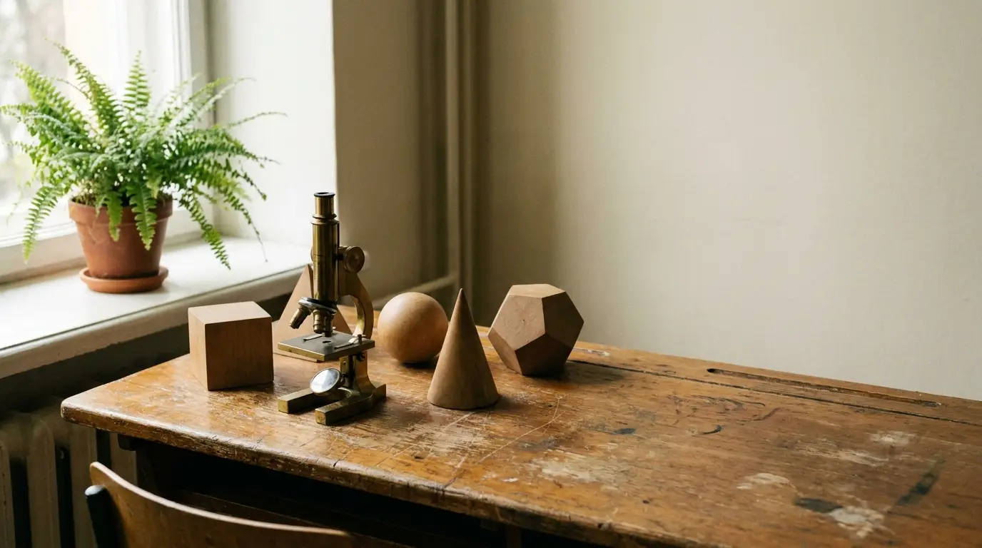 Bronze microscope and wooden geometric shapes on rustic wooden table with potted fern nearby