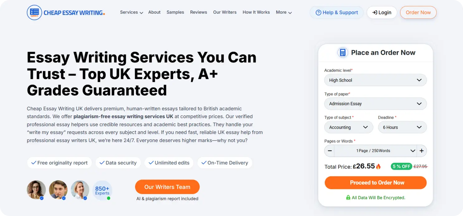 Website interface offering essay writing services with order form and pricing details on right side
